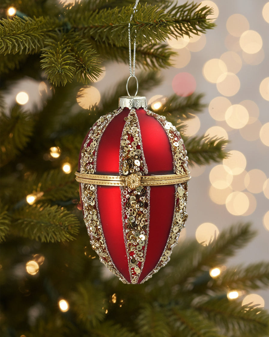 Openable Red and Gold Sequin Egg Bauble