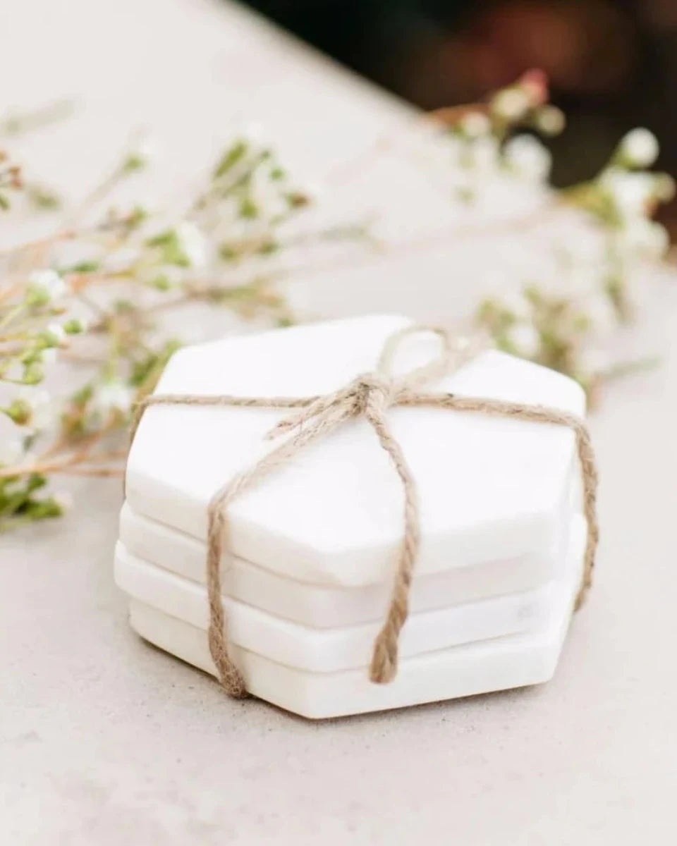Set of 4 White Marble Hexagonal Coasters