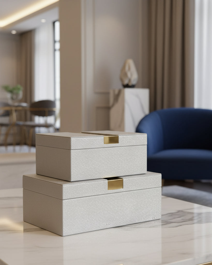 Set of 2 Faux Shagreen Boxes with Gold Trim