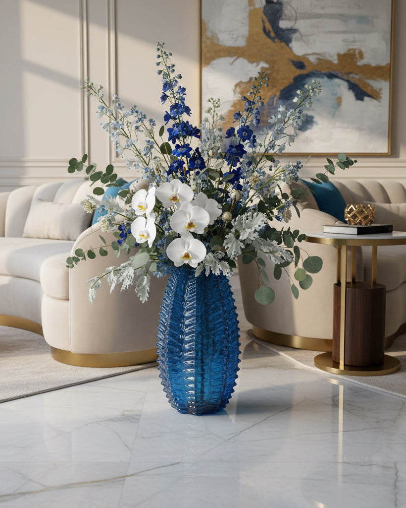 Oversized Blue Ridged Ceramic Vase