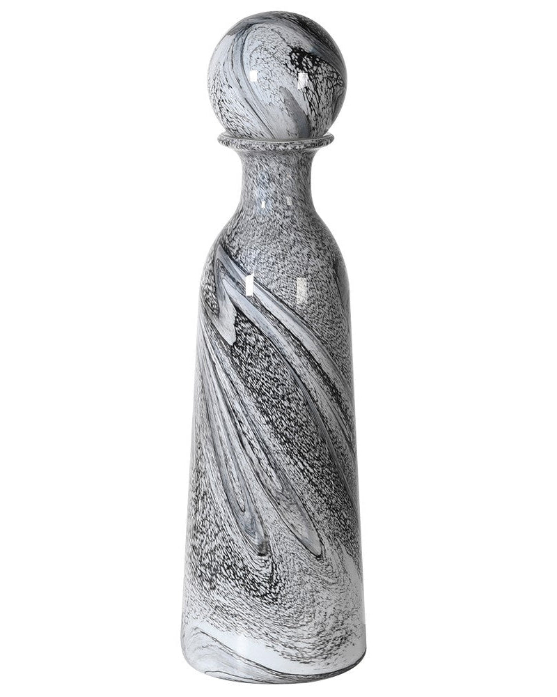 Tall Hand Blown White and Black Bottle with Ball Top