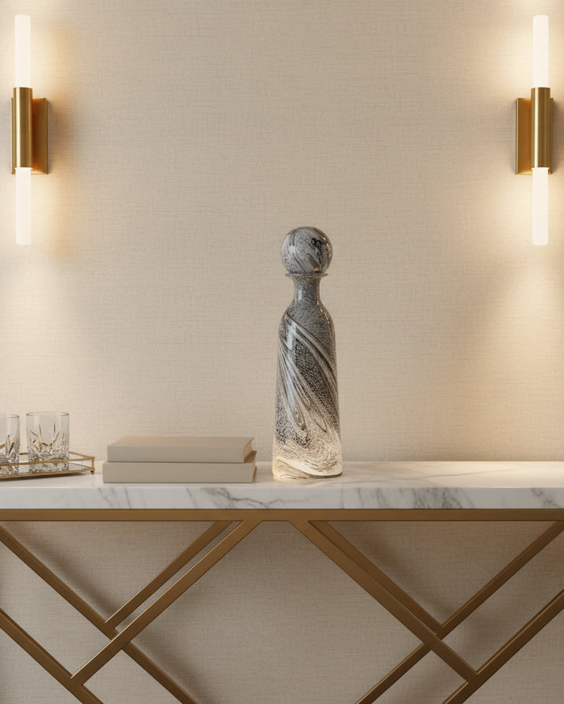 Tall Hand Blown White and Black Bottle with Ball Top