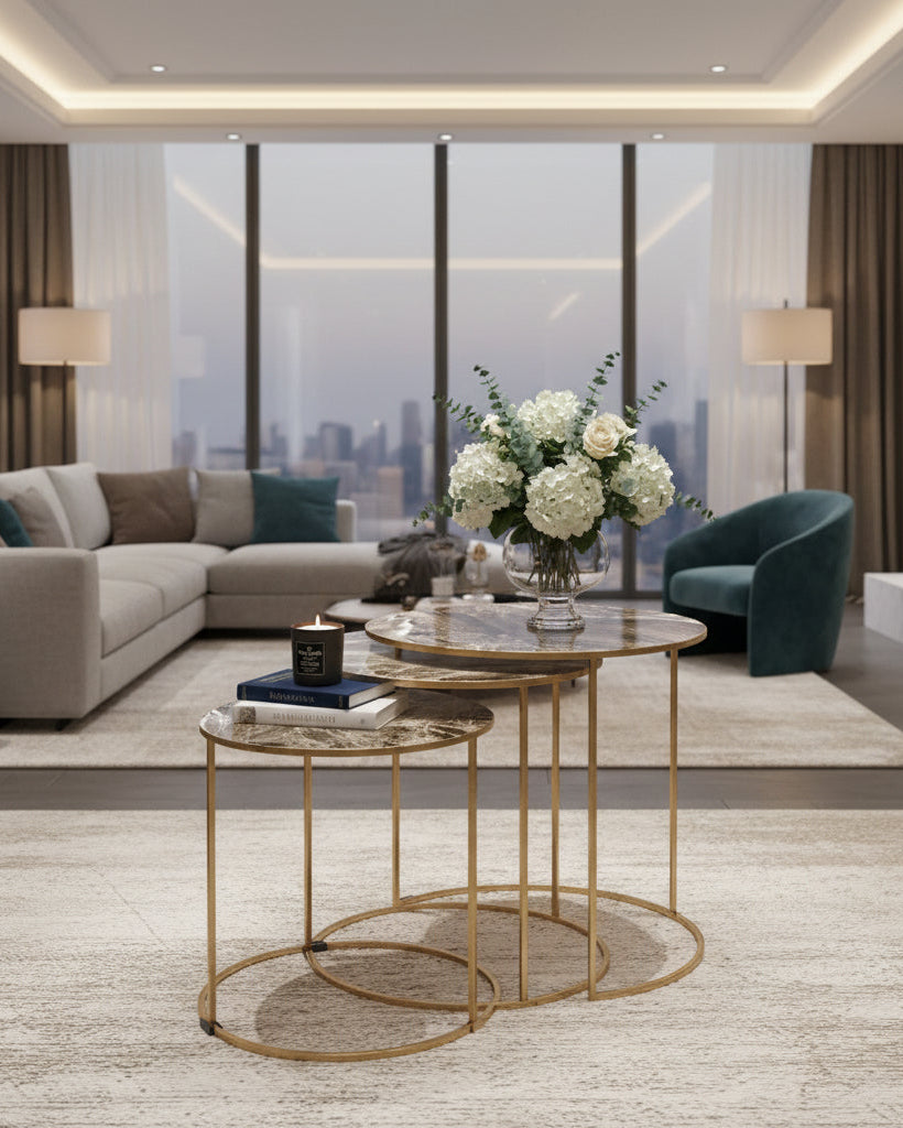 Nest of 3 Gold Faux Marble Tables