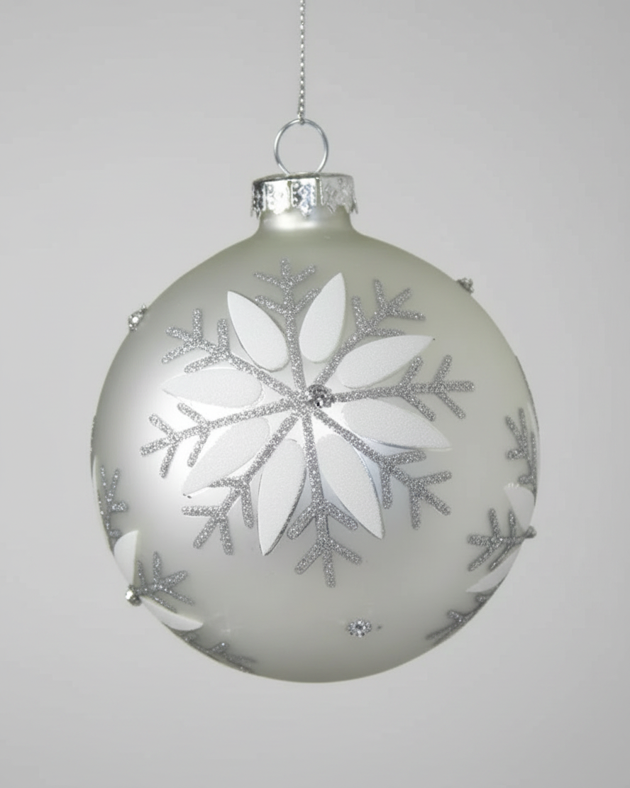Pearl White Glass Bauble with Snowflakes