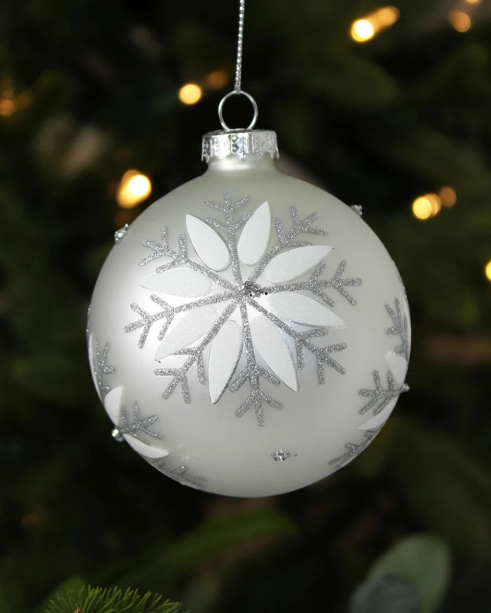 Pearl White Glass Bauble with Snowflakes