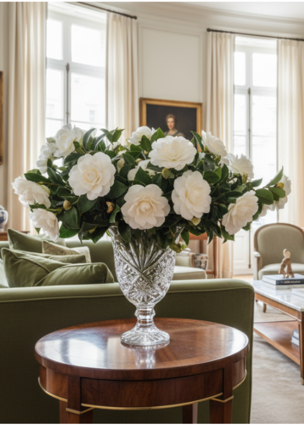 Snow White Real Feel Camellia Spray with Leaves