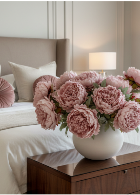 Dusky Pink Peony Spray with Leaves