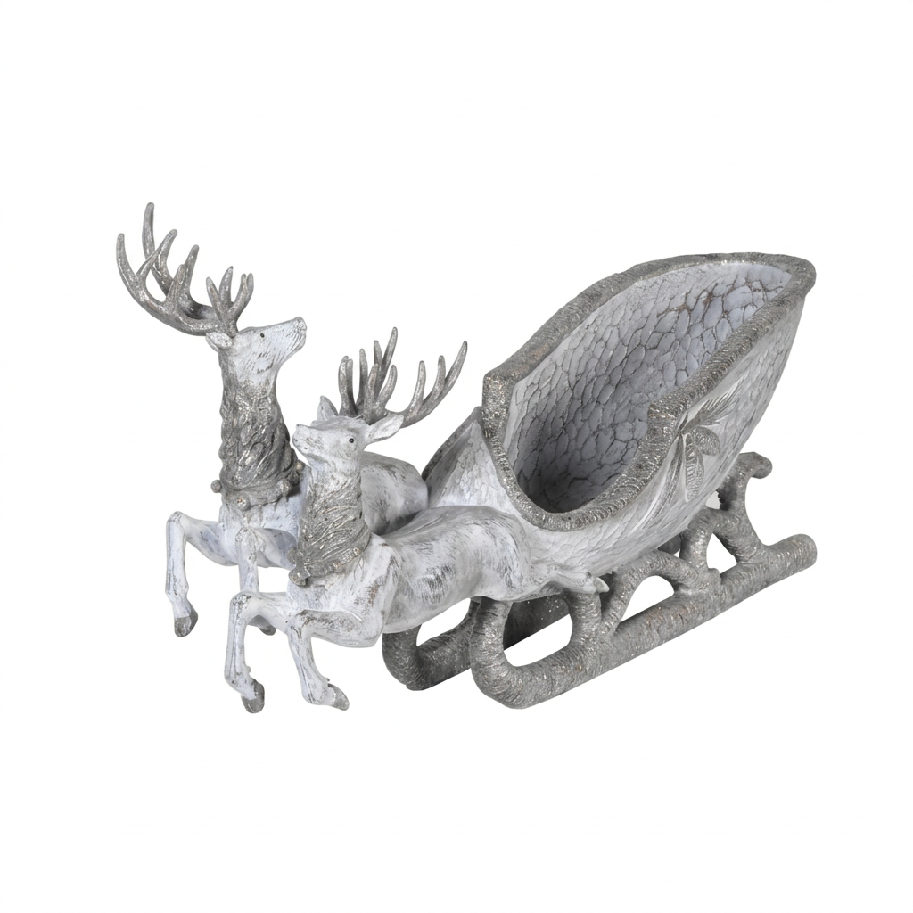 2 Grey Deer Pulling Sleigh Sculpture