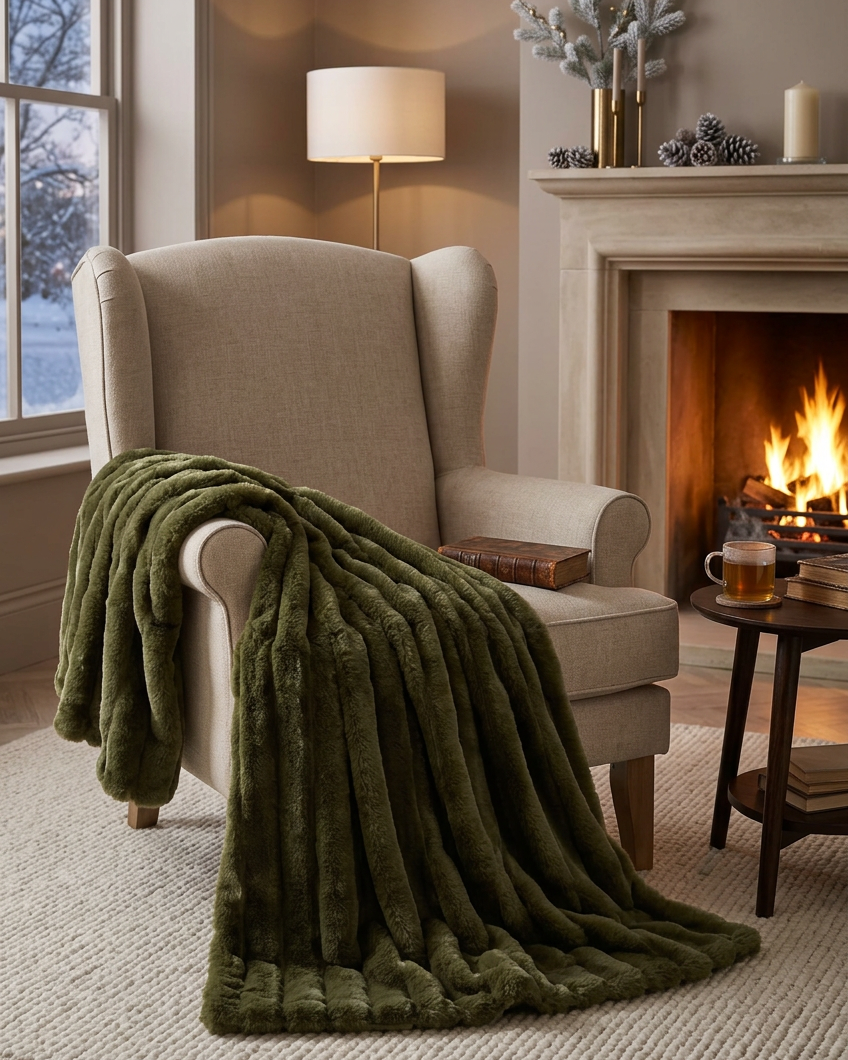Olive Green Ribbed Faux Fur Throw