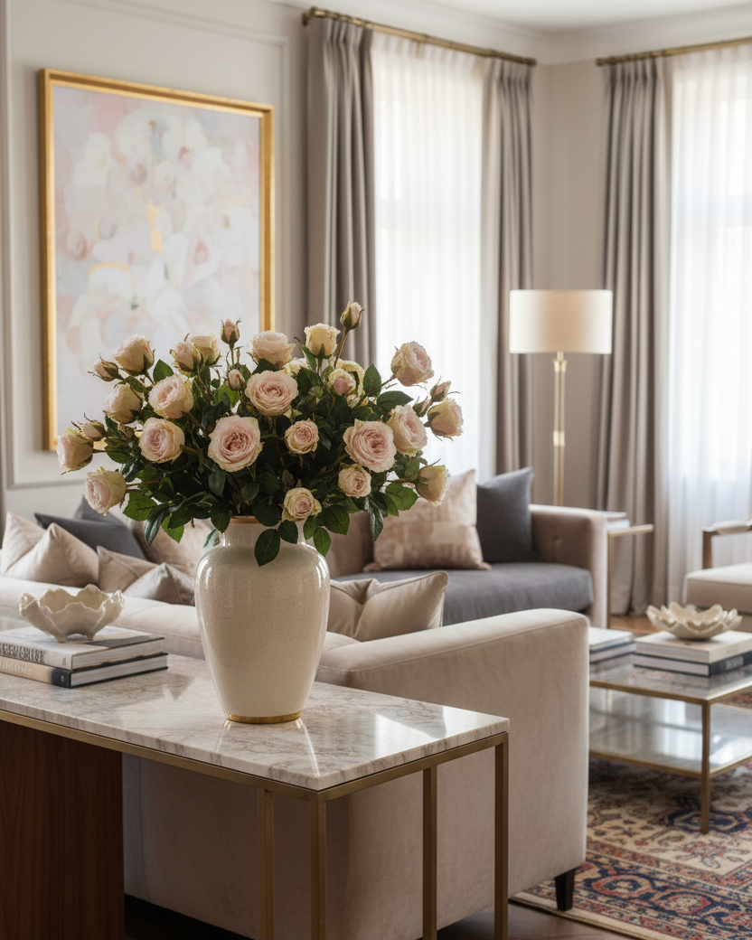 Soft Pink Vintage Rose Spray with Leaves