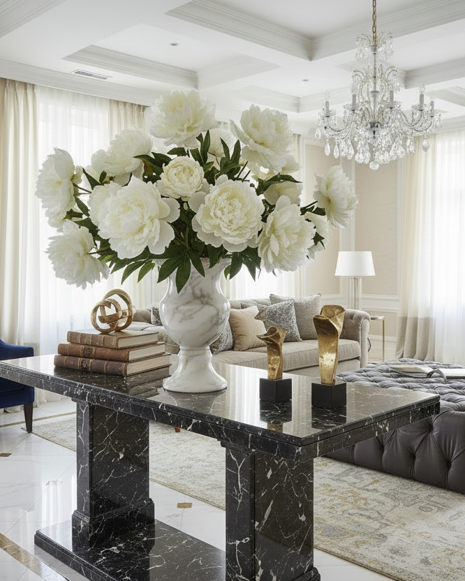 Snow White Peony With Leaves