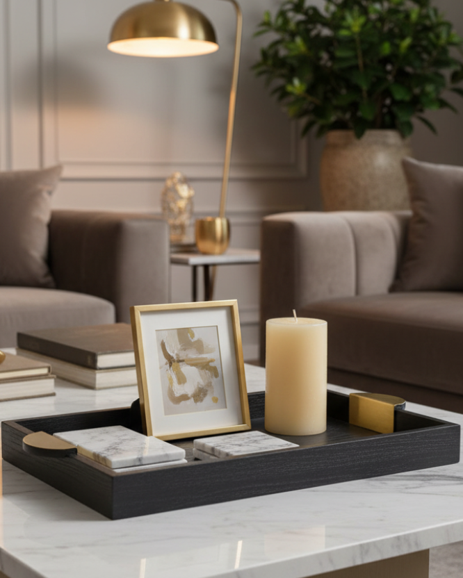 Black Wooden Tray with Gold Handles