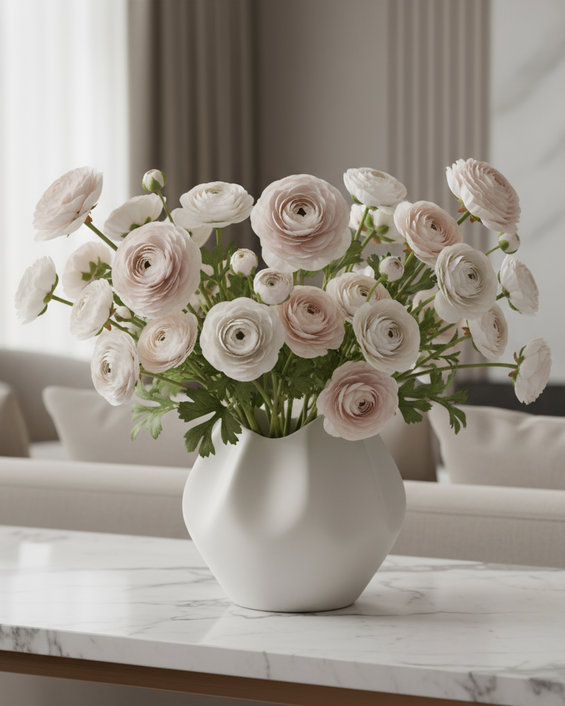 Blush Real Feel Ranunculus with Leaves