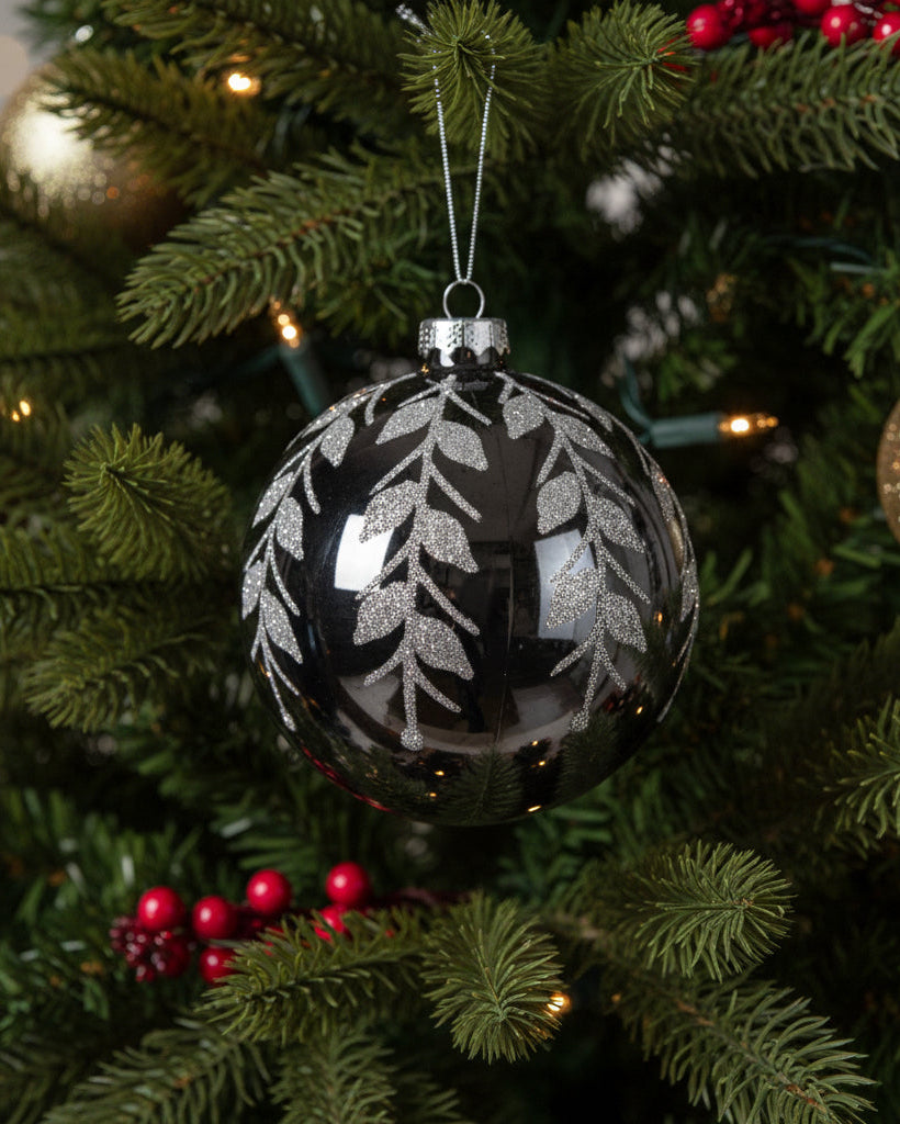 Shiny Silver Bauble with GlitterLeaves