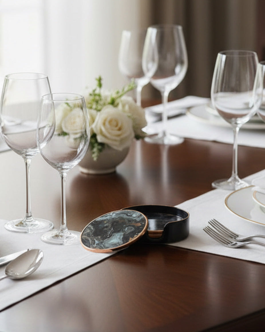 Set of 4 Black Marble Effect Coasters with Holder