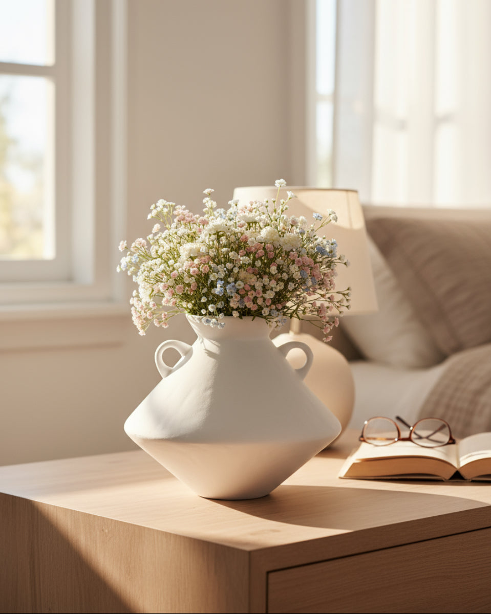 Large White Bulbous Jar Vase with Handles