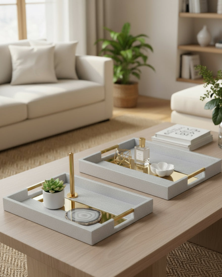 Faux Shagreen Tray with Gold Trim